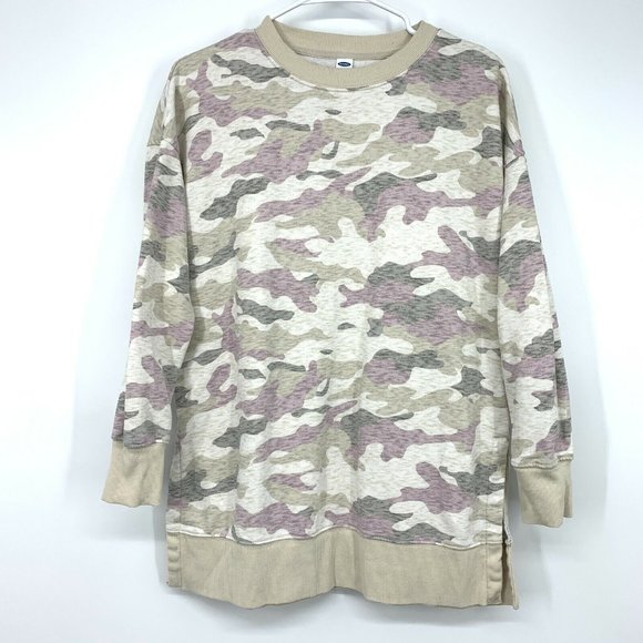 Old Navy Tunic Sweatshirt Camo Beige French Terry Crewneck Top - Picture 1 of 7